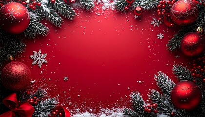 Marco con una temática marcadamente navideña y festiva, Un rojo vibrante y profundo que ocupa el centro de la composición, sirviendo como un espacio vacío ideal para texto o contenido.