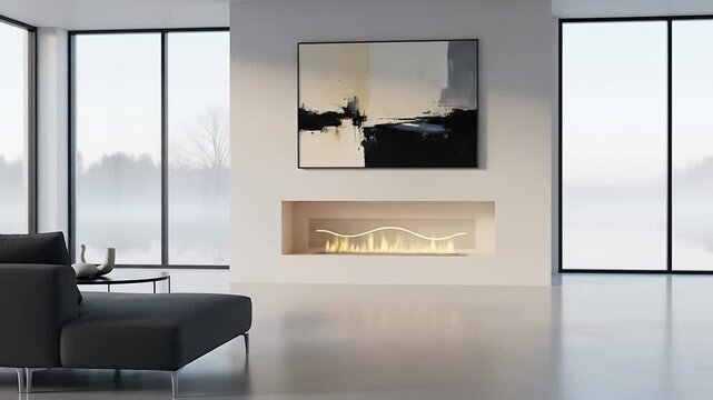 Contemporary Minimalist Living Room Interior Design Spacious Home Architecture Abstract Art and Scenic Window View