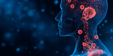 Side view of digital human model with virus particles in neck and brain
