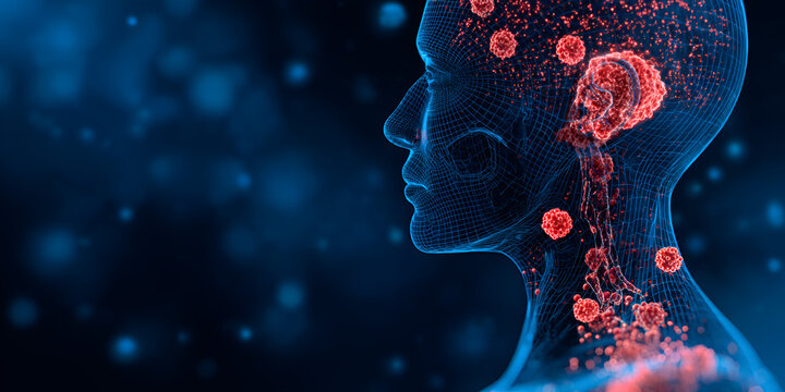 Side view of digital human model with virus particles in neck and brain
