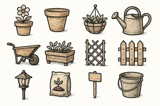 Garden light hanging pot soil icons basket vector bucket box flower icon