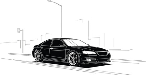 Modern black sedan driving through urban city street, stylish vector car illustration with motion, depth, and perspective lines