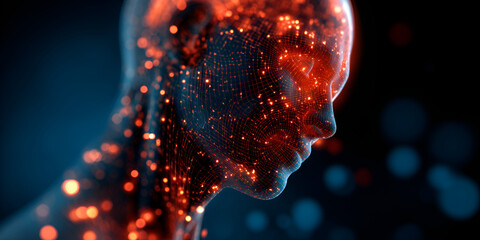 Futuristic human face illuminated with red glowing particles in digital visualization