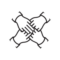 Four hands clasped together in a symbol of unity, teamwork, and cooperation