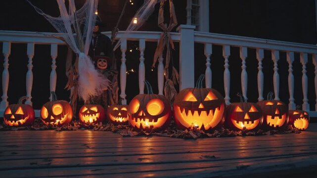 row glowing pumpkins on porch at night, carved faces flicker with candlelight; hanging ghost and white railing add eerie autumn atmosphere, warm glow reflecting on wooden deck, perfect halloween