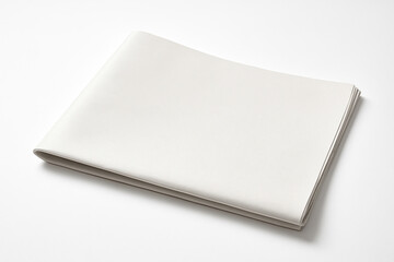 Neatly folded broadsheet size white sheets resting on a white surface, pages folded in half and a faint shadow beneath, shot from a low overhead angle. Newspaper-blank