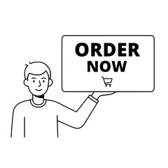 Lineart man presents order now sign with shopping cart in promotional context digital