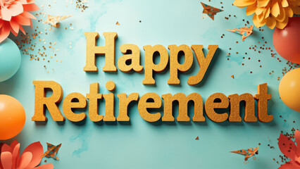 Happy Retirement message with gold lettering, balloons, and festive decorations