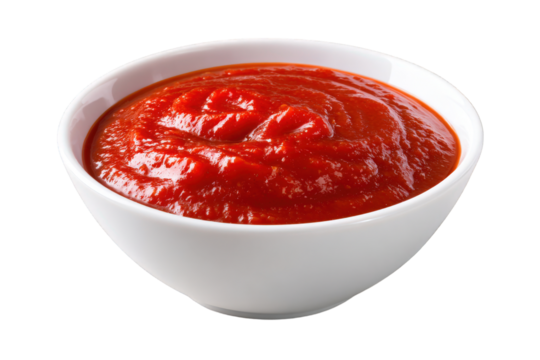 A bowl of red sauce is sitting on a white background