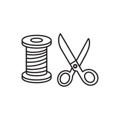 A simple black and white line drawing of a spool of thread next to a pair of scissors