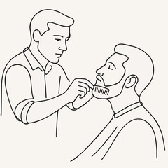 Barber styling man's beard in minimalist line art illustration  