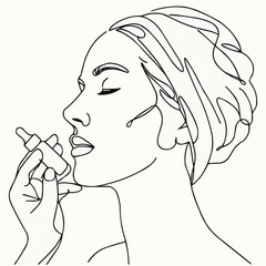 Continuous line drawing of a woman applying skincare serum  