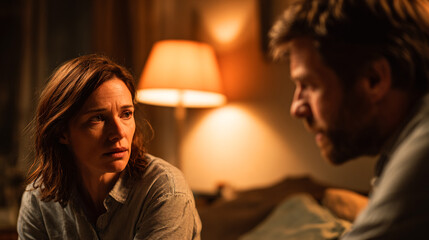 Couple in tense conversation in dimly lit room argument