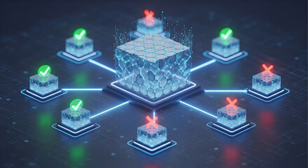 Decentralized Network Validation and Verification Process. Blockchain Error and Success Concept