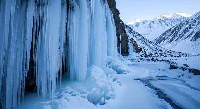 A frozen waterfall with long icicles hanging down in a snowy mountain landscape on a bright winter day - Powered by Adobe
