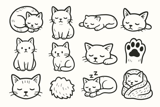 Droopy paws tail icons sleeping cat vector head icon resting laying cozy