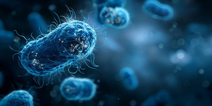 Microscopic blue bacteria floating in 3D environment with internal particle glow
