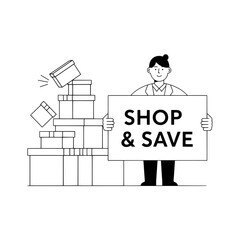 Naklejka premium Salesman displaying shop save promotion sign near gift boxes offering retail discounts concept