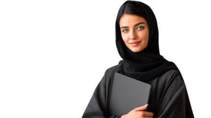 Young Arab Woman in Hijab Holding Laptop on White Background isolated on a transparent background