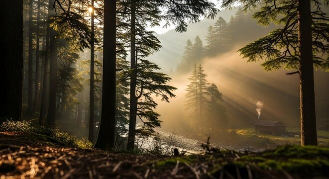 Sunlight streaming through trees in a misty forest with a small cabin in the distance visible