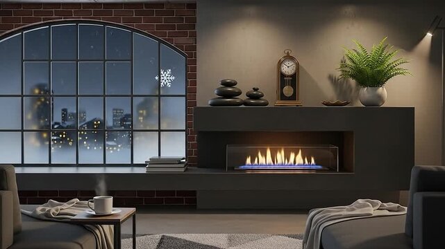 Stylish Urban Loft Interior Warm Fireplace Cozy Winter Night Cityscape