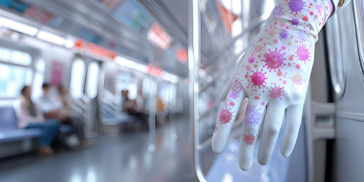 White glove with pink virus contamination inside subway train, pandemic concept
