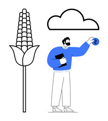 Corn plant beside man holding dollar coin and notebook under cloud represents sustainable agriculture, financial investment, resource optimization, economic growth, farming innovation, environmental
