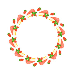 Cute round wreath with strawberry cheesecakes and berries isolated on white background.