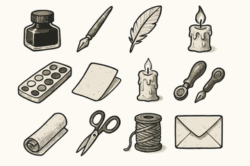 Brush pen art candle quill roll desk blotting icon scissors vector essentials