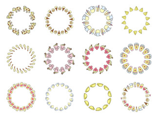 Set of cute round frames with doodle dairy products and desserts isolated on white background.