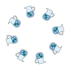 Cute round frame with doodle water with ice and mint in glass jug isolated on white background.