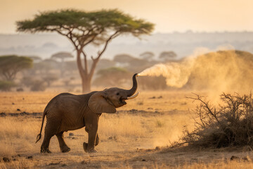 Fototapeta premium Young elephant raising trunk in golden savanna dust at sunrise, surrounded by acacia trees and natural African landscape, capturing wildlife beauty and behavior. generative ai