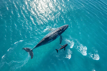 Aerial view of mother whale and calf swimming in shimmering blue ocean waters, showcasing marine life, tranquility, and the intimate bond of oceanic wildlife.  generative ai