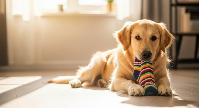 Golden retriever dog playing with colorful sock indoors in sunlight  