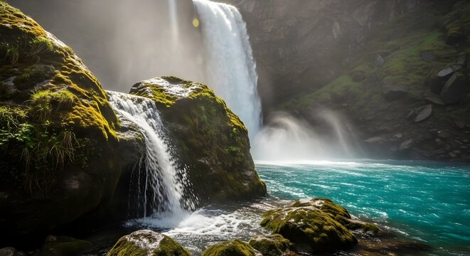 A scenic waterfall cascading over moss covered rocks into a vibrant turquoise pool of water below it