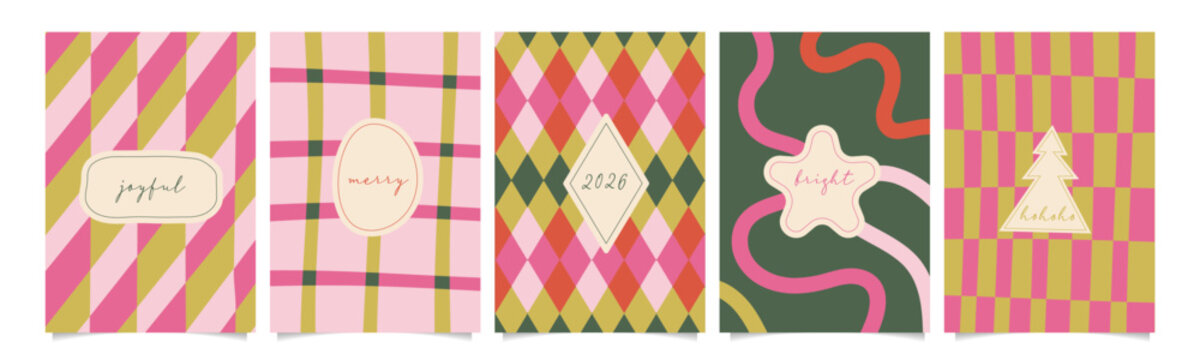 Vintage abstract Merry Christmas and Happy New Year cards, posters, holiday covers. Set of greeting Xmas quirky banner templates in modern hand drawn geometric style for web, social media, print.