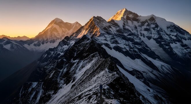 A lone hiker on a snowy mountain ridge with towering peaks at sunset in the distance landscape view
