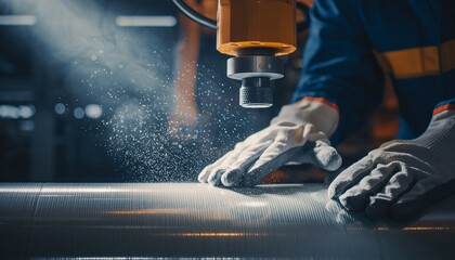 A skilled worker in protective gloves meticulously polishes a large metal cylinder with a rotary tool, creating a fine dust spray in a dimly lit industrial setting.