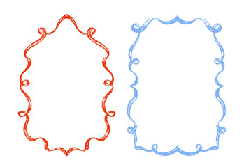Whimsical coquette style red and blue frames with wavy lines. Stylish vector borders for invitations, packaging,  posters, and wedding designs.