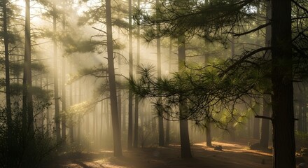 Obraz premium Sunlight streams through the trees in a dense forest creating a misty and ethereal atmosphere scene
