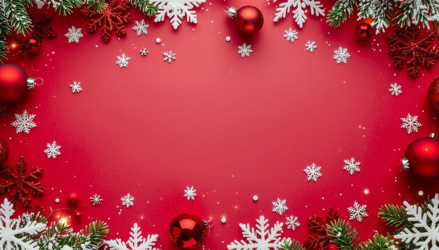 Marco decorativo navideño festivo dispuesto en vista superior plana (flat lay). Incluye delicados copos de nieve blancos, fondo rojo intenso y adornos navideños rojos colocados.