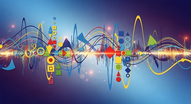 Abstract colorful illustration of sound waves and geometric shapes on a blue background.