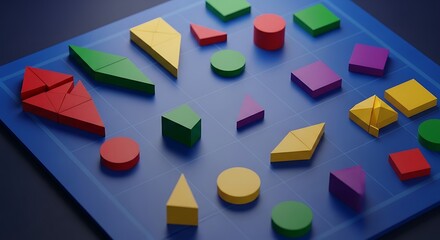 An assortment of colorful geometric shapes and blocks arranged on a blue gridded board.