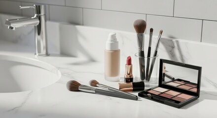 Makeup kit displayed on bathroom sink with brushes and products  