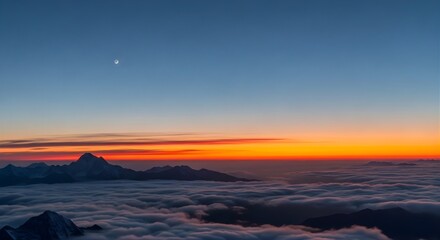 A scenic view of mountains with clouds and a vibrant sunset under a clear blue sky with a crescent moon