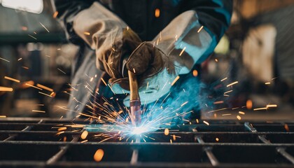 A close-up shot of a welder's gloved hands skillfully operating a welding torch, creating a bright, energetic spark shower and blue flame on a metal grid in an industrial setting.