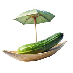 Cucumber Boat with Paper Parasol under Sunlight on a isolated white background. PNG