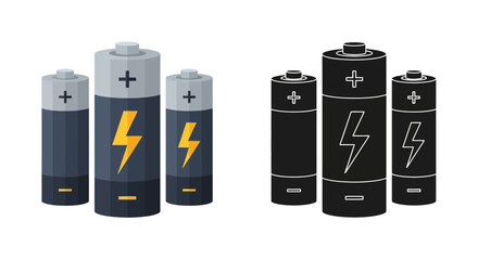 Illustration of three aa batteries colored and monochrome with lightning bolts