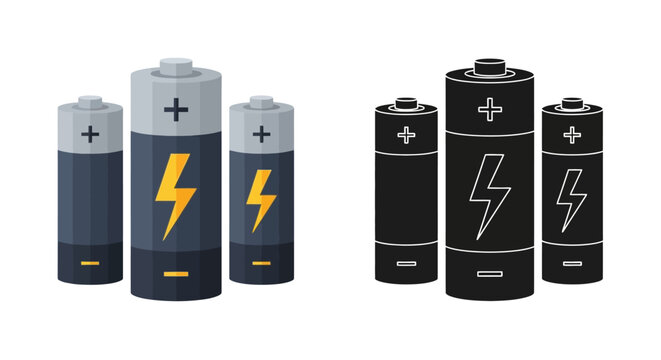 Illustration of three aa batteries colored and monochrome with lightning bolts