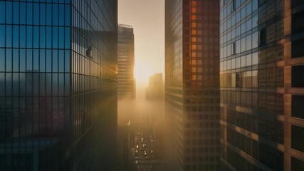 Modern skyscrapers in morning fog at sunrise. Perfect for website banners, urban development articles, or architectural design inspiration projects.